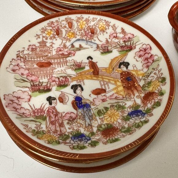 Japanese Kutani Style Full Tea Set Eggshell Porcelain Geisha 20 Piece (read) - Picture 8 of 16